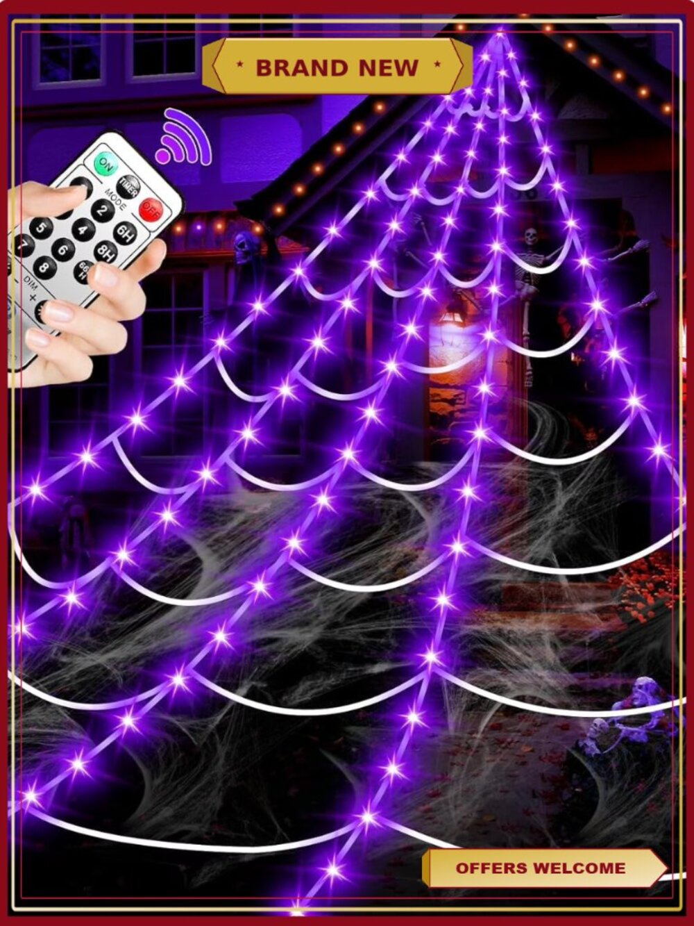 16.4Ft Spider Web Lights 220 LED Remote Halloween Yard Decor